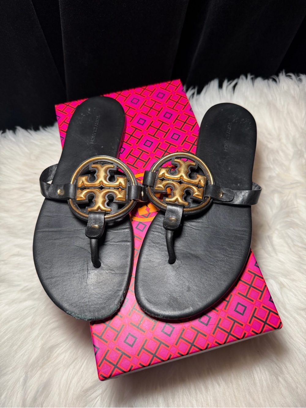 Tory Burch Miller Perfect Black Metal Gold Sandals